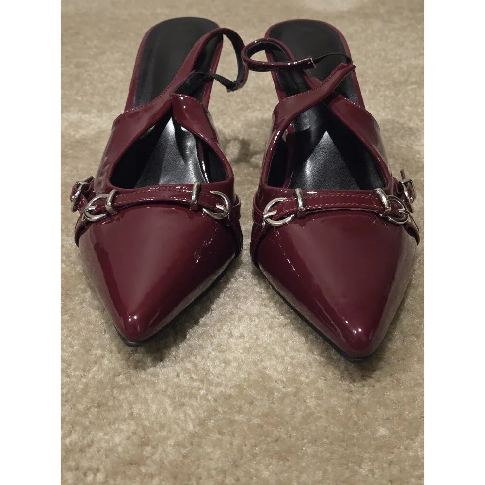 Burgundy faux-patent slingback kitten heels, pointed toe & crossstrap-Size 41/8